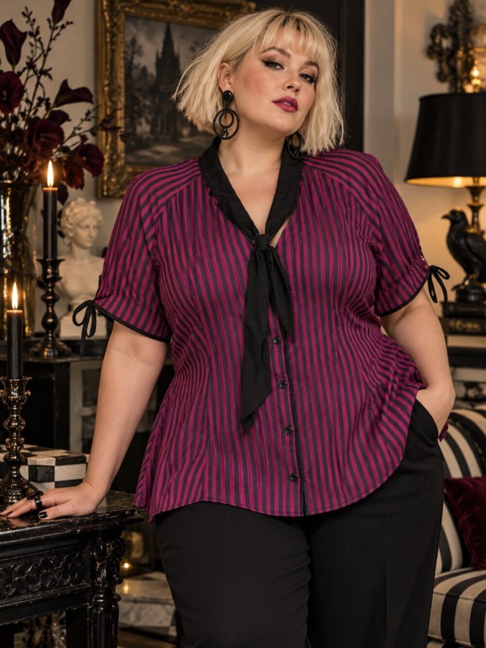 Unique Vintage 3X/20 Purple Black Stripe Tie Neck Blouse Retro Goth NWT